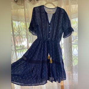 Anthropologie Isabella Sinclair MIDI Navy and Blue Bandera Ruffled Dress Size MD